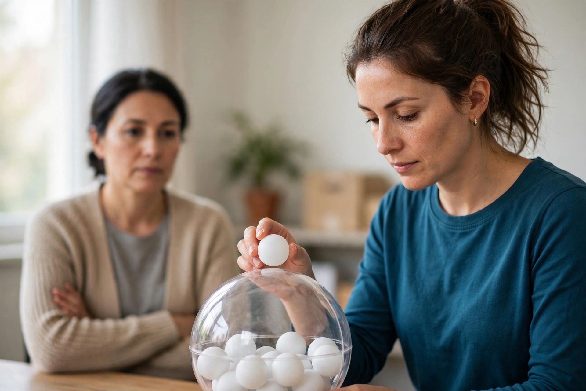 Funcionária prepara um globo com bolas numeradas para um sorteio vinculado a título de capitalização.