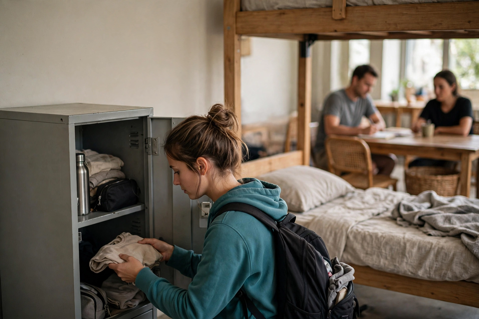 Hóspede se instala em um dormitório coletivo de hostel no Brasil.