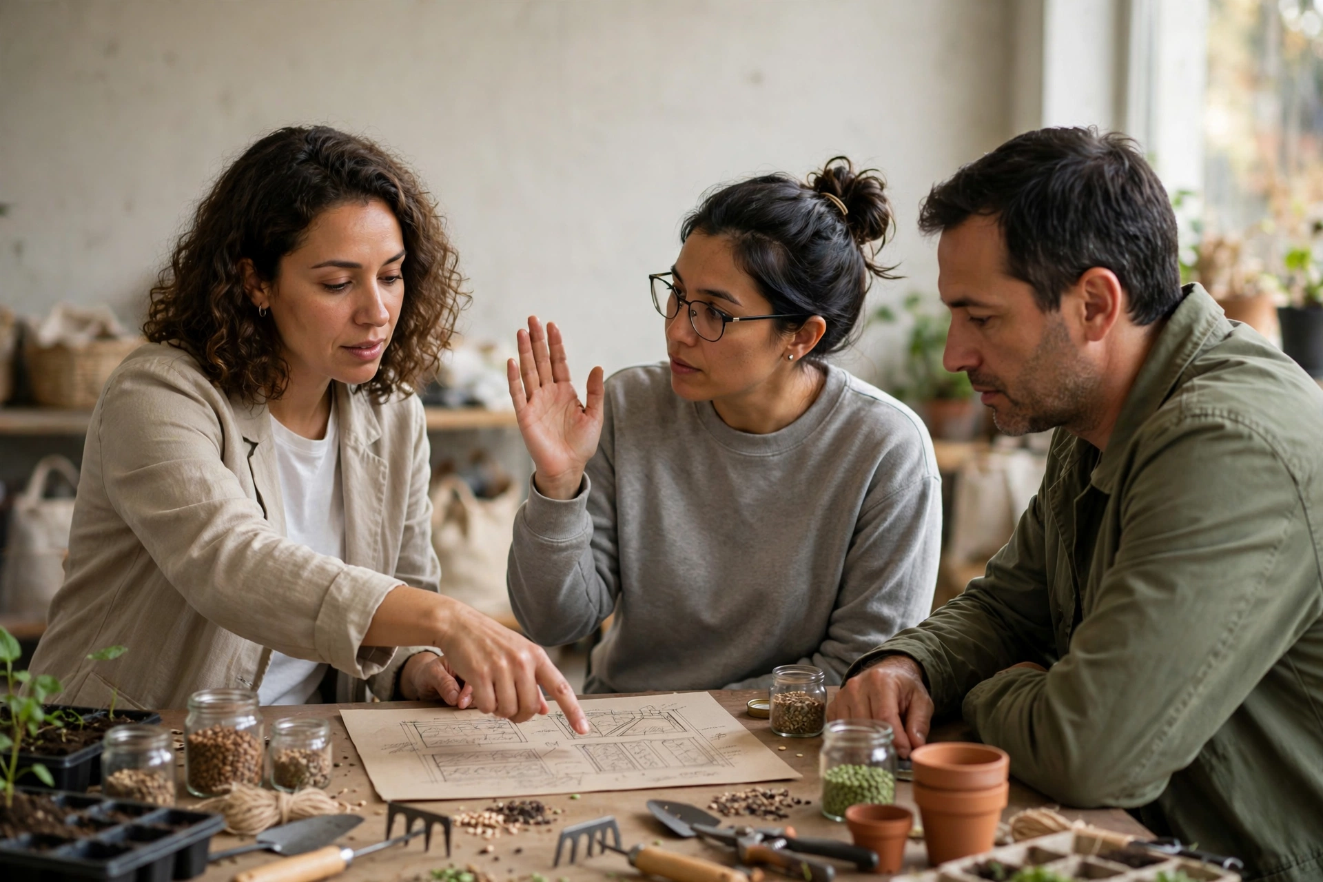 Voluntários conversam sobre o planejamento de uma horta comunitária em torno de uma mesa.