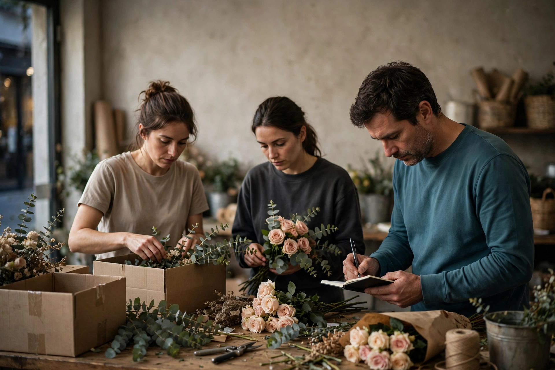 Equipe de floricultura registra tarefas e organiza pedidos depois do fechamento da loja.