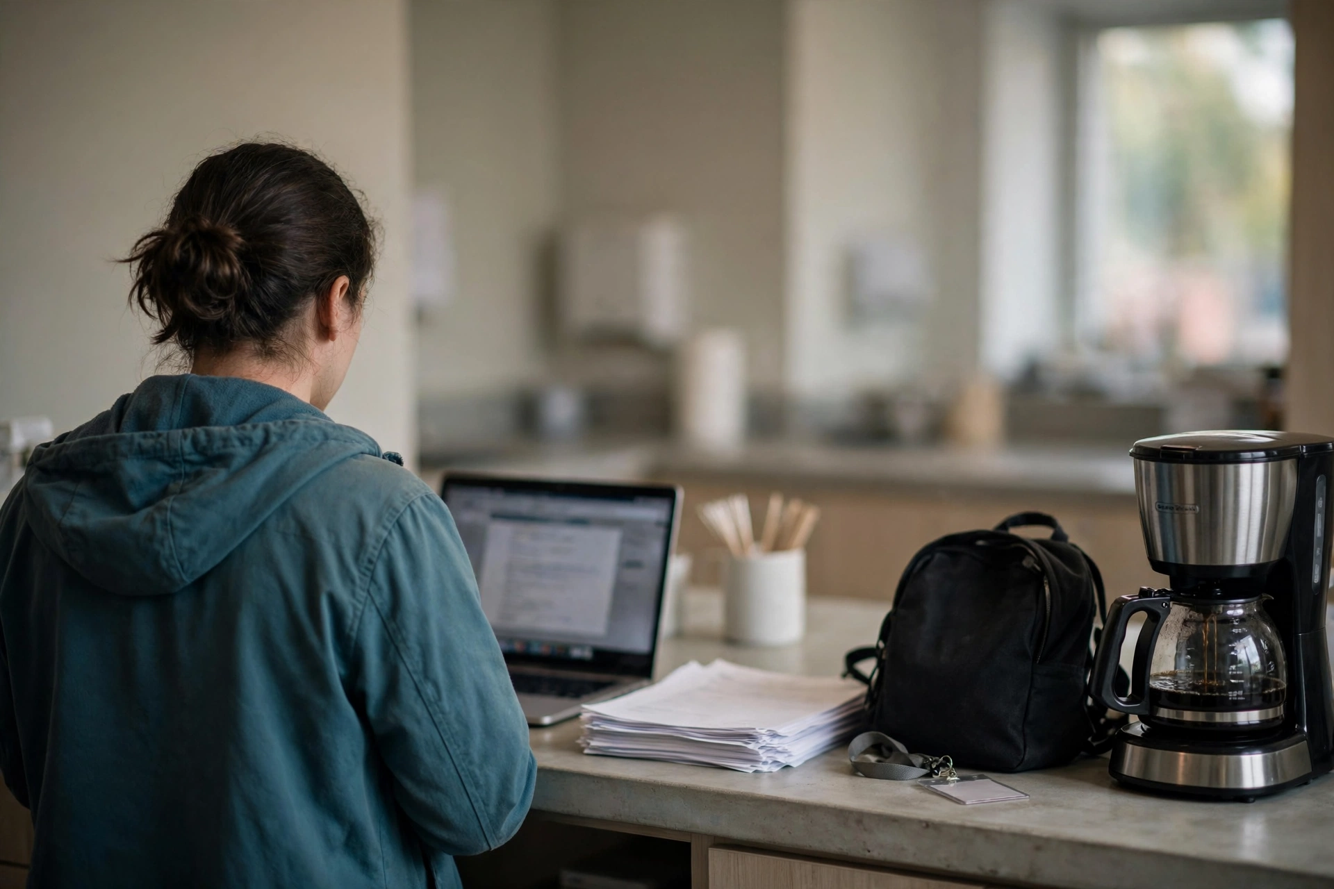 Profissional na copa do escritório ao fim do dia, com notebook, papéis e mochila ainda abertos sobre a bancada.