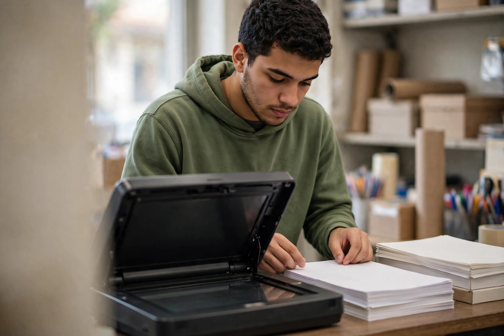 Universitário digitaliza histórico acadêmico e certificados em uma papelaria.