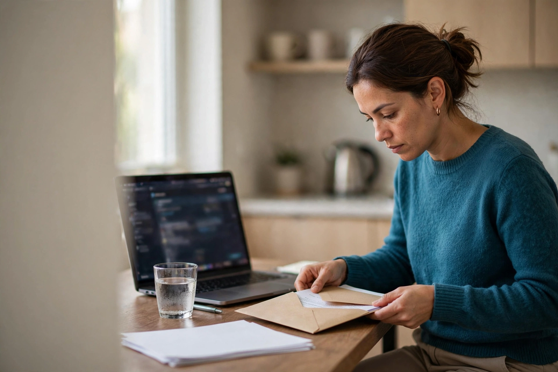 Profissional revisa arquivos digitais e protege documentos impressos em um envelope.