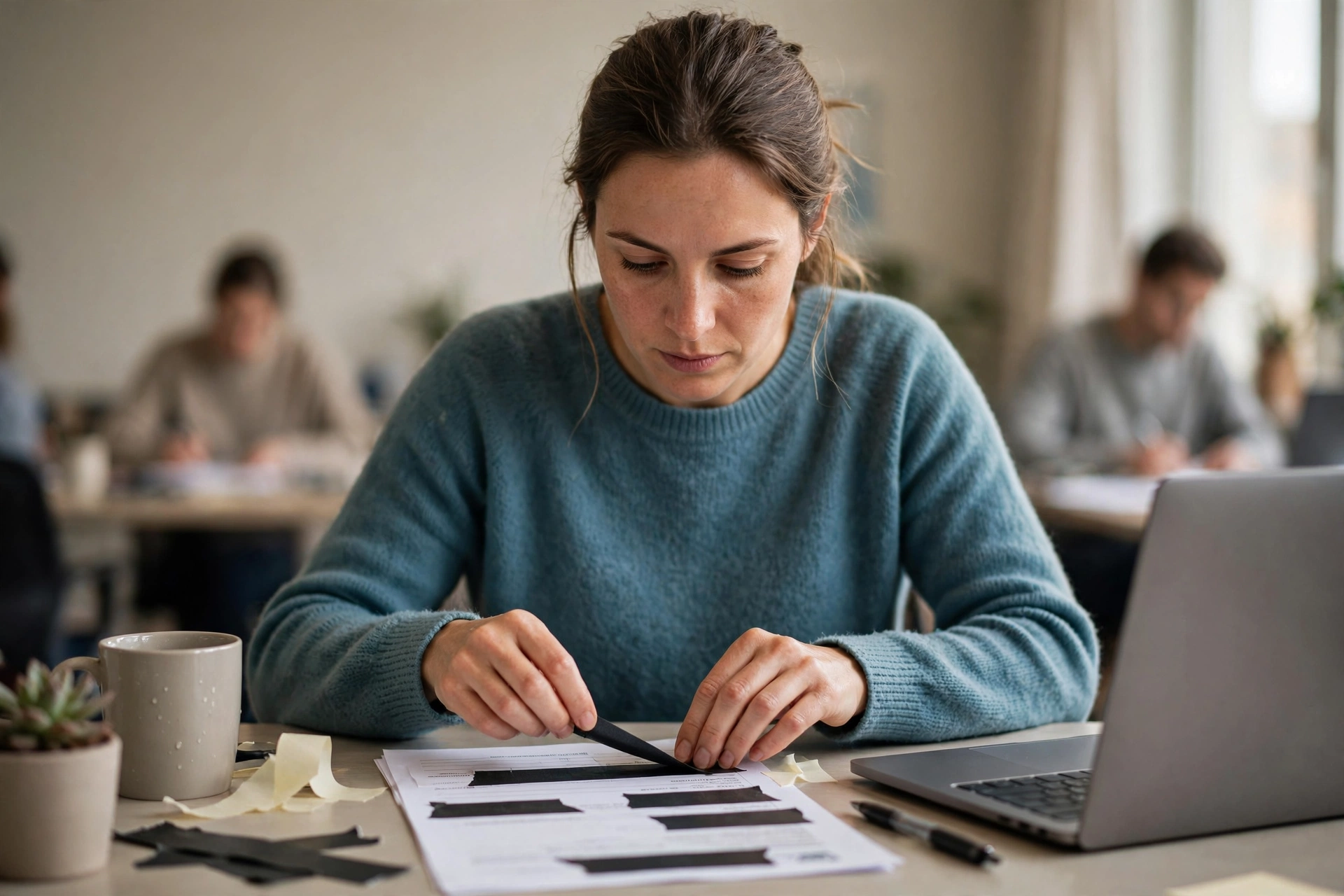 Funcionária remove dados identificáveis de uma ficha impressa antes de consultar uma ferramenta digital.