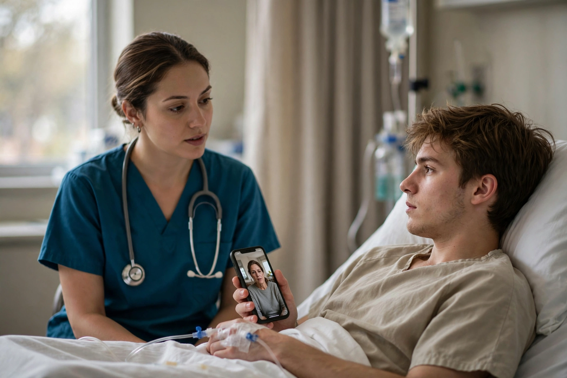 Estudante internado conversa com médica enquanto faz uma chamada de vídeo para um familiar.