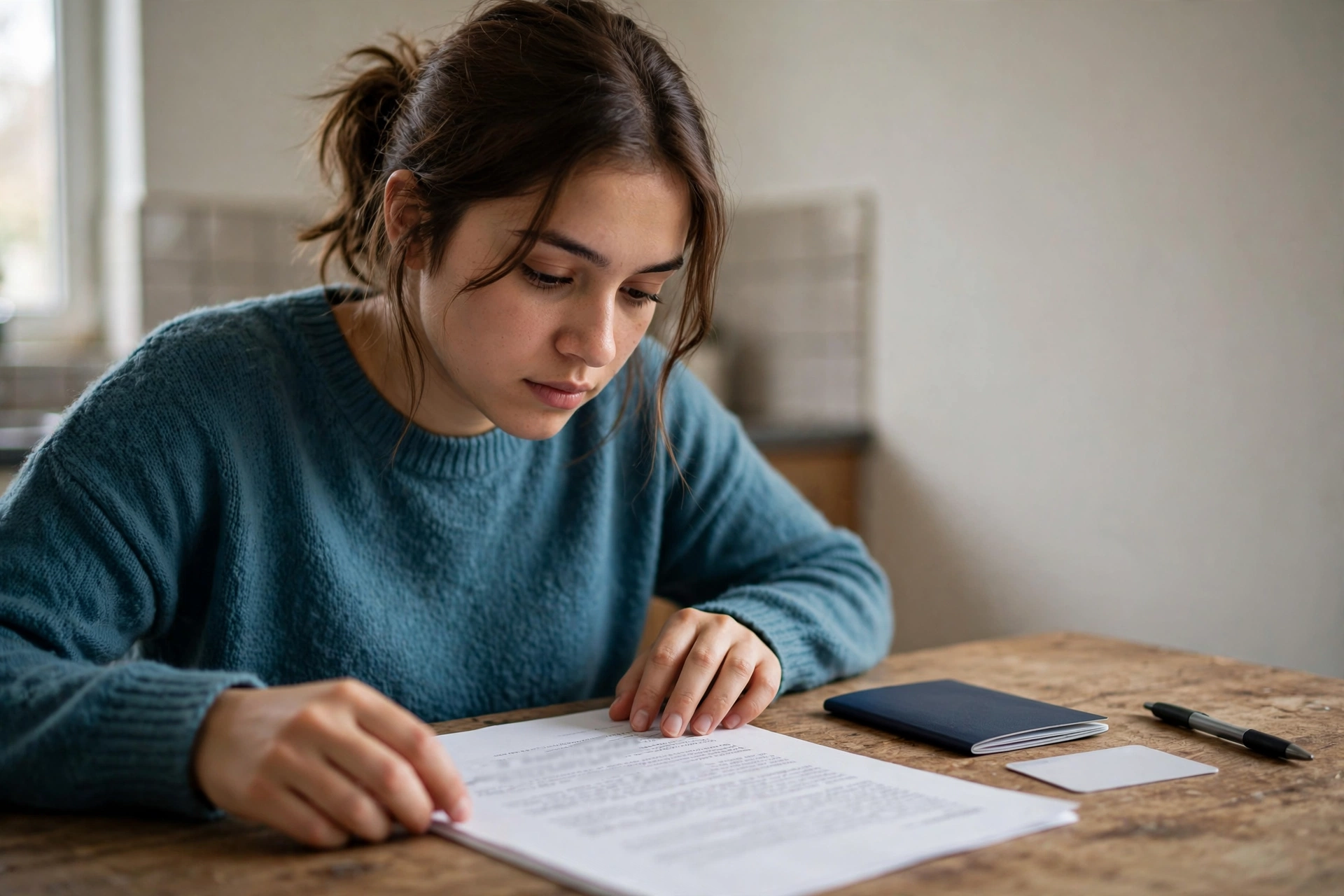 Estudante analisa um documento de seguro ao lado de passaporte e cartão de estudante.