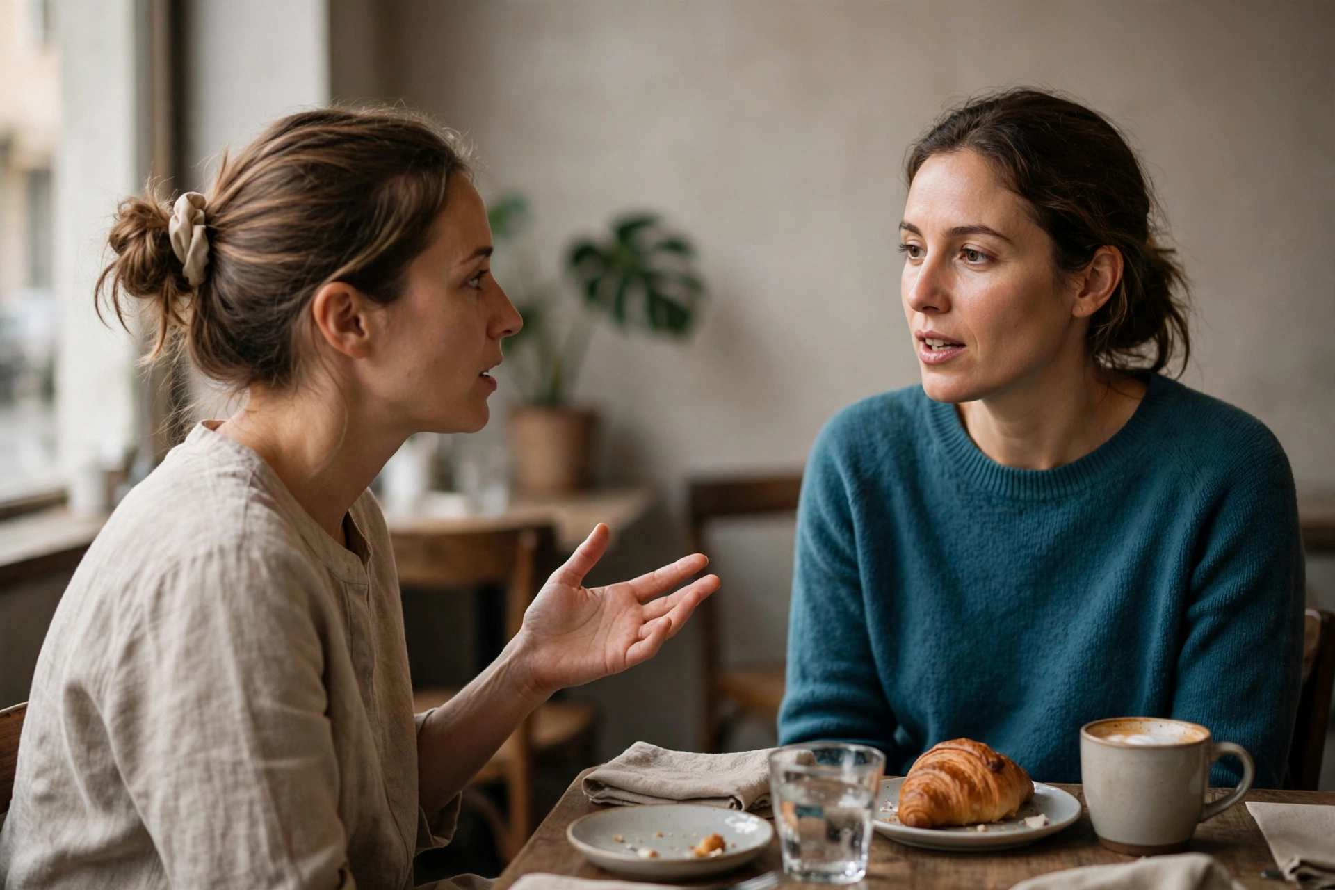 Duas amigas conversam em inglês em uma cafeteria, com uma delas explicando algo por meio de gestos.