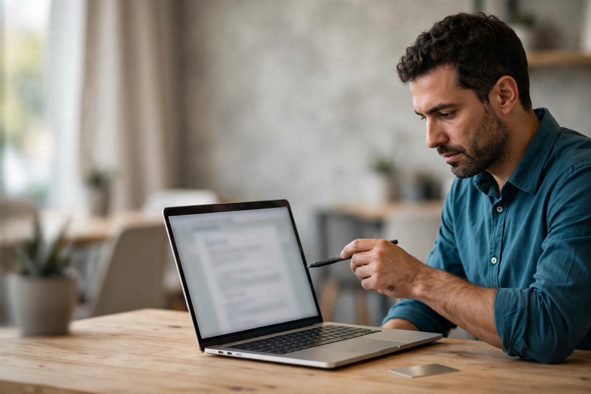 Homem confere no notebook as regras de renovação de uma assinatura.