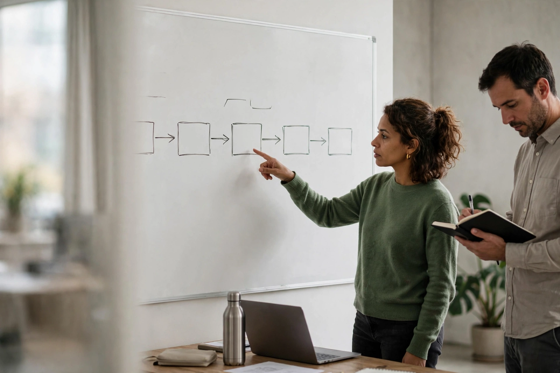 Engenheira e colega analisam no quadro as etapas e os controles de uma solução de IA.