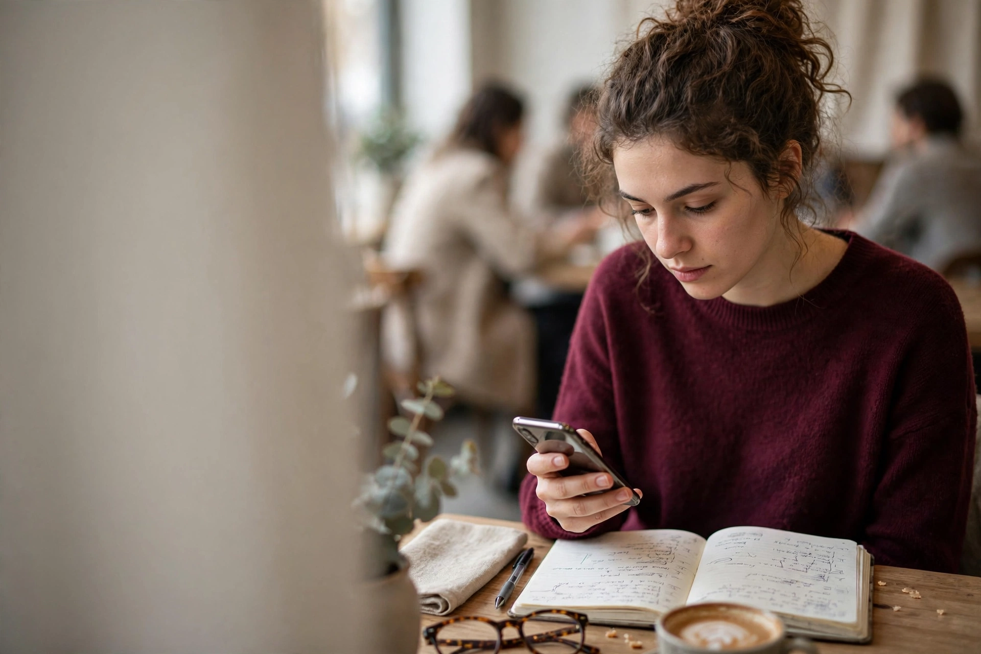 Estudante analisa uma questão de inglês no celular em uma cafeteria antes de responder.