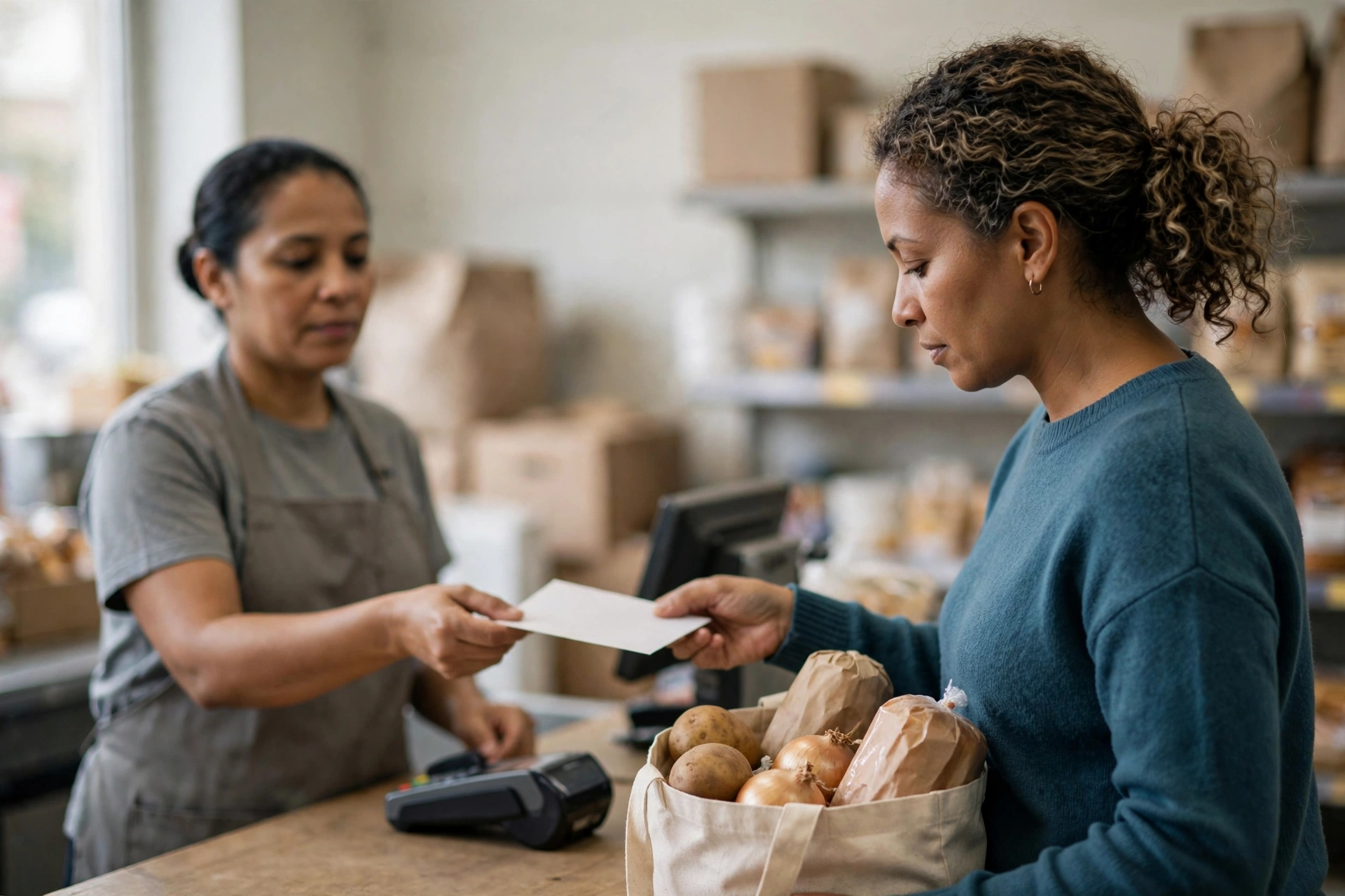 Cliente recebe comprovante de participação em promoção após pagar compras no supermercado.