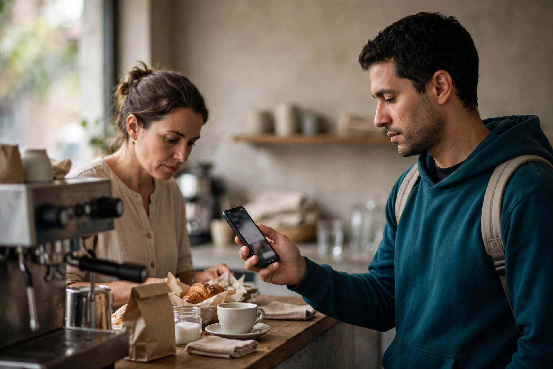 Cliente usa um benefício de clube de vantagens ao pagar um café no caixa.