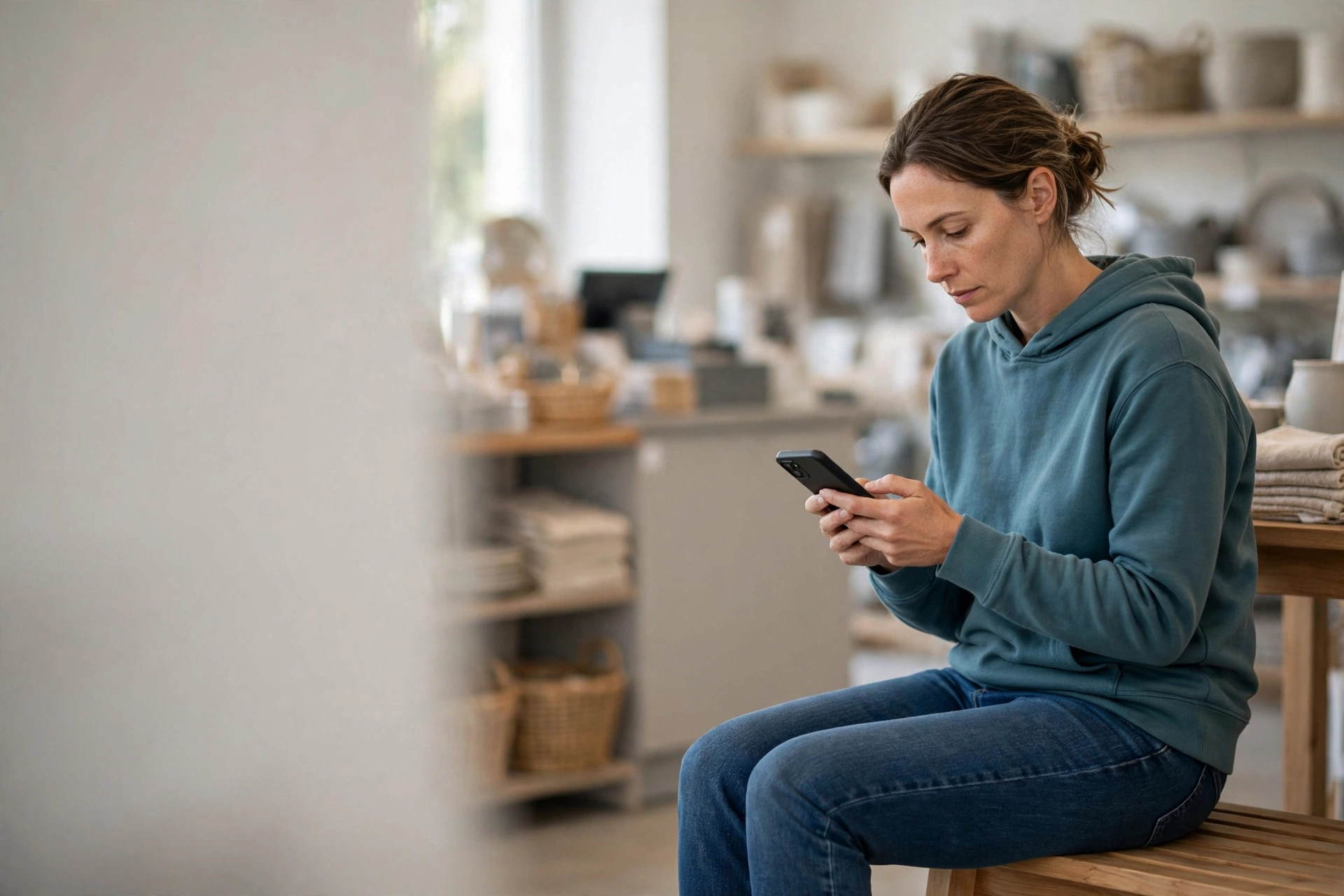 Consumidora lê as condições gerais de um título no celular antes de finalizar uma compra.
