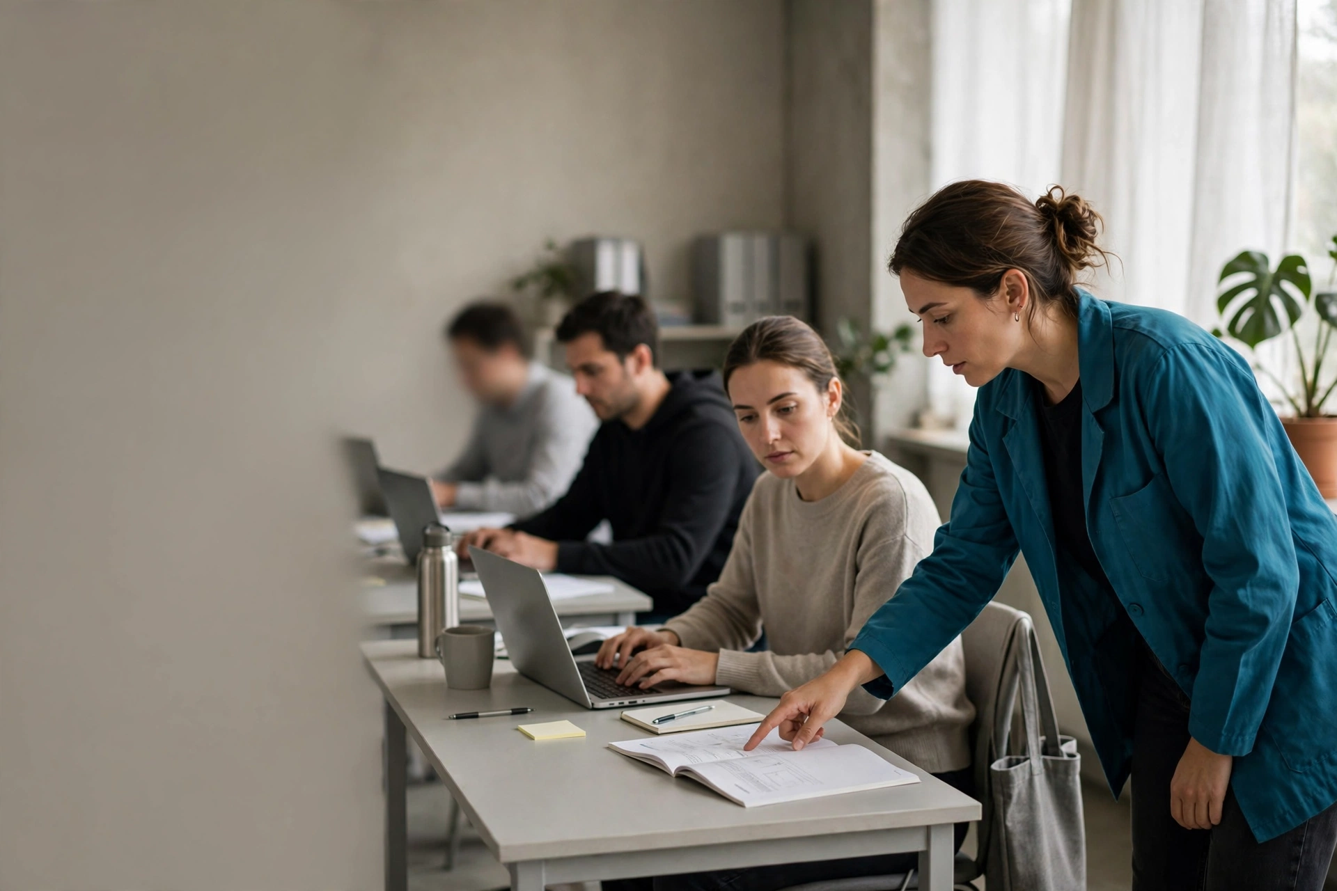 Profissionais da operação praticam uma tarefa no sistema durante um treinamento acompanhado por instrutora.