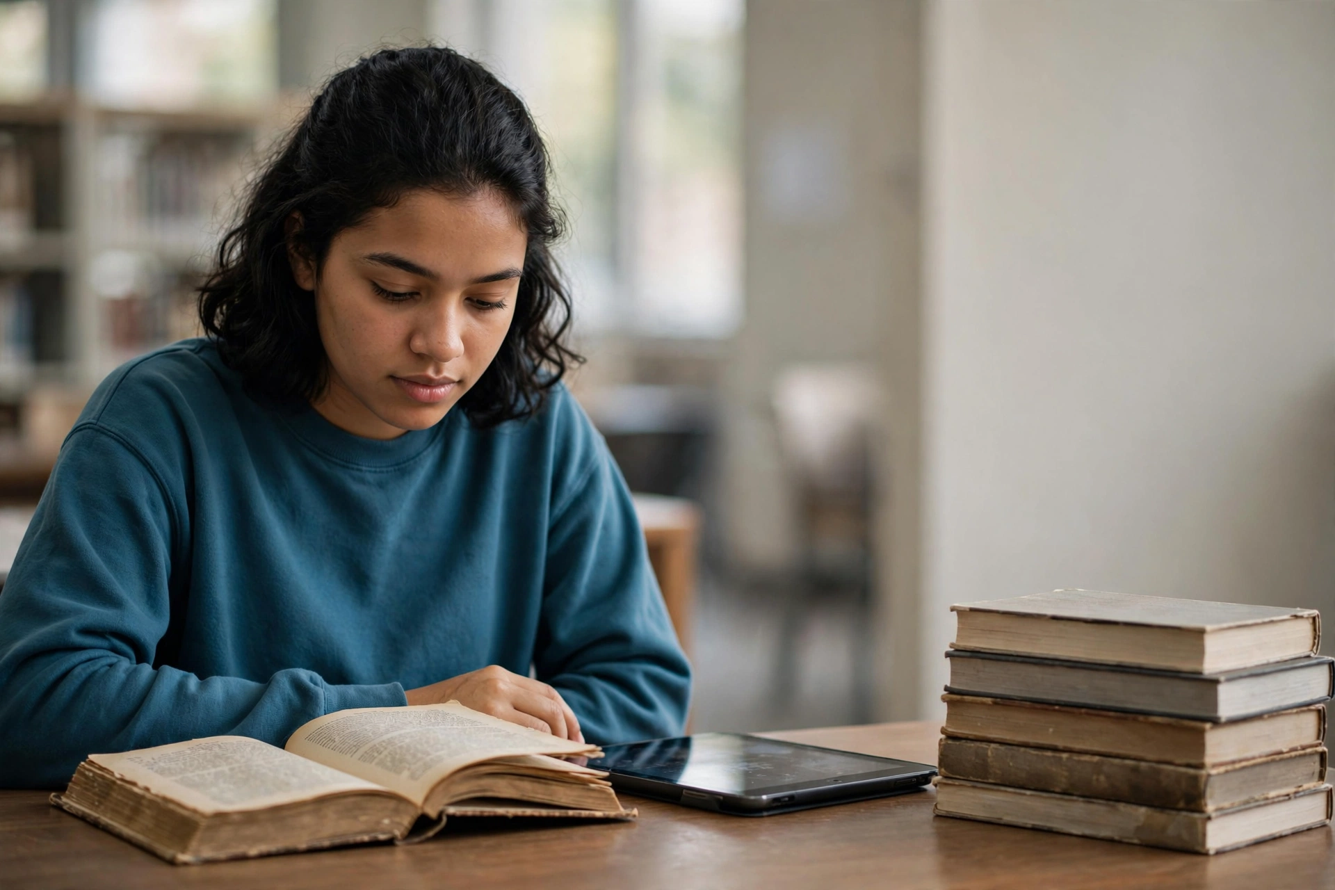 Estudante compara um livro usado com material digital em uma biblioteca.