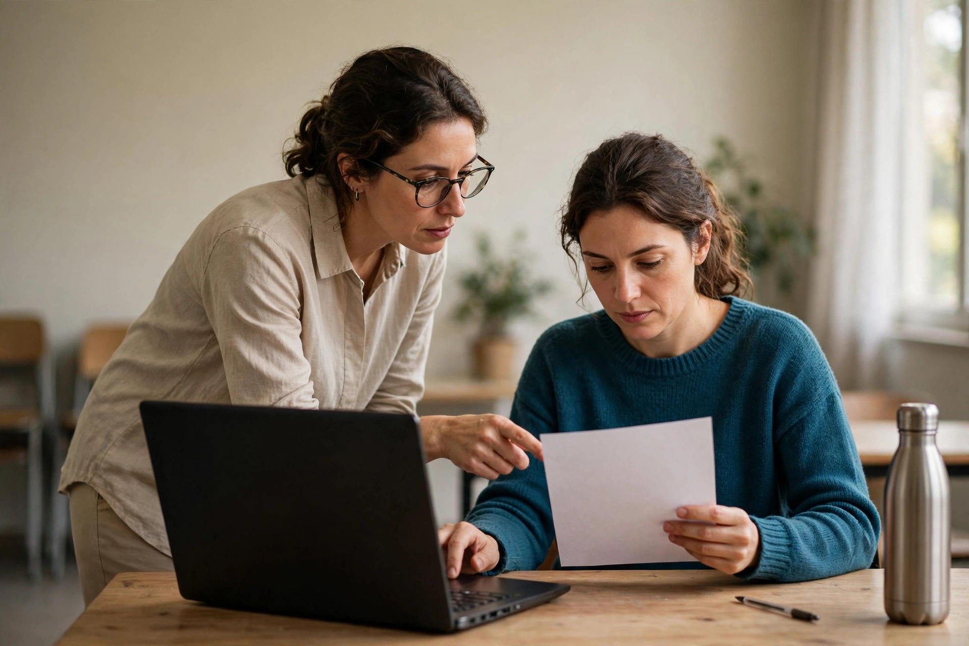 Participante de treinamento estrutura um pedido para IA e confere critérios de revisão com uma professora.