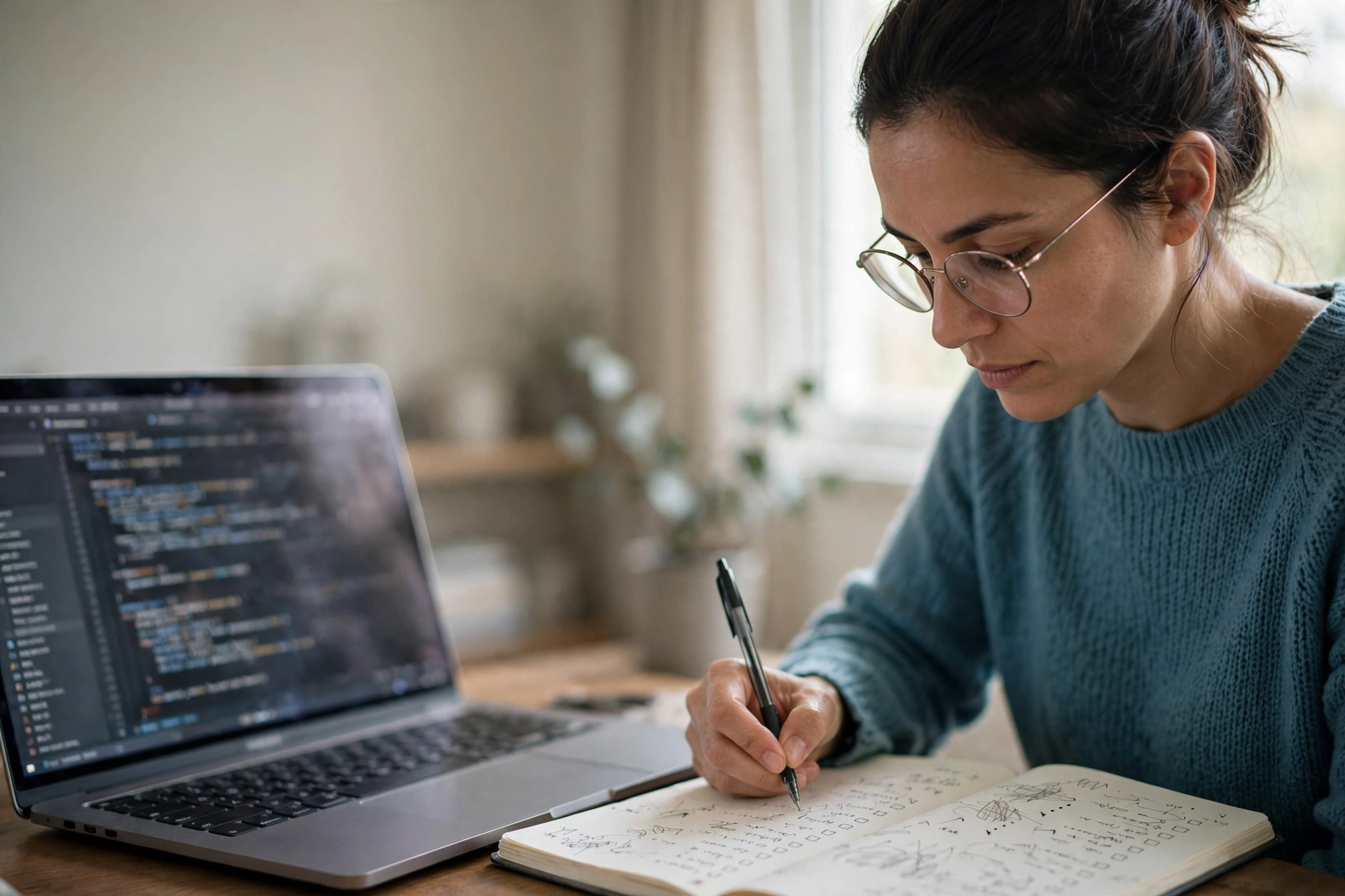 Desenvolvedora revisa código e requisitos de teste em sua mesa de trabalho em casa.