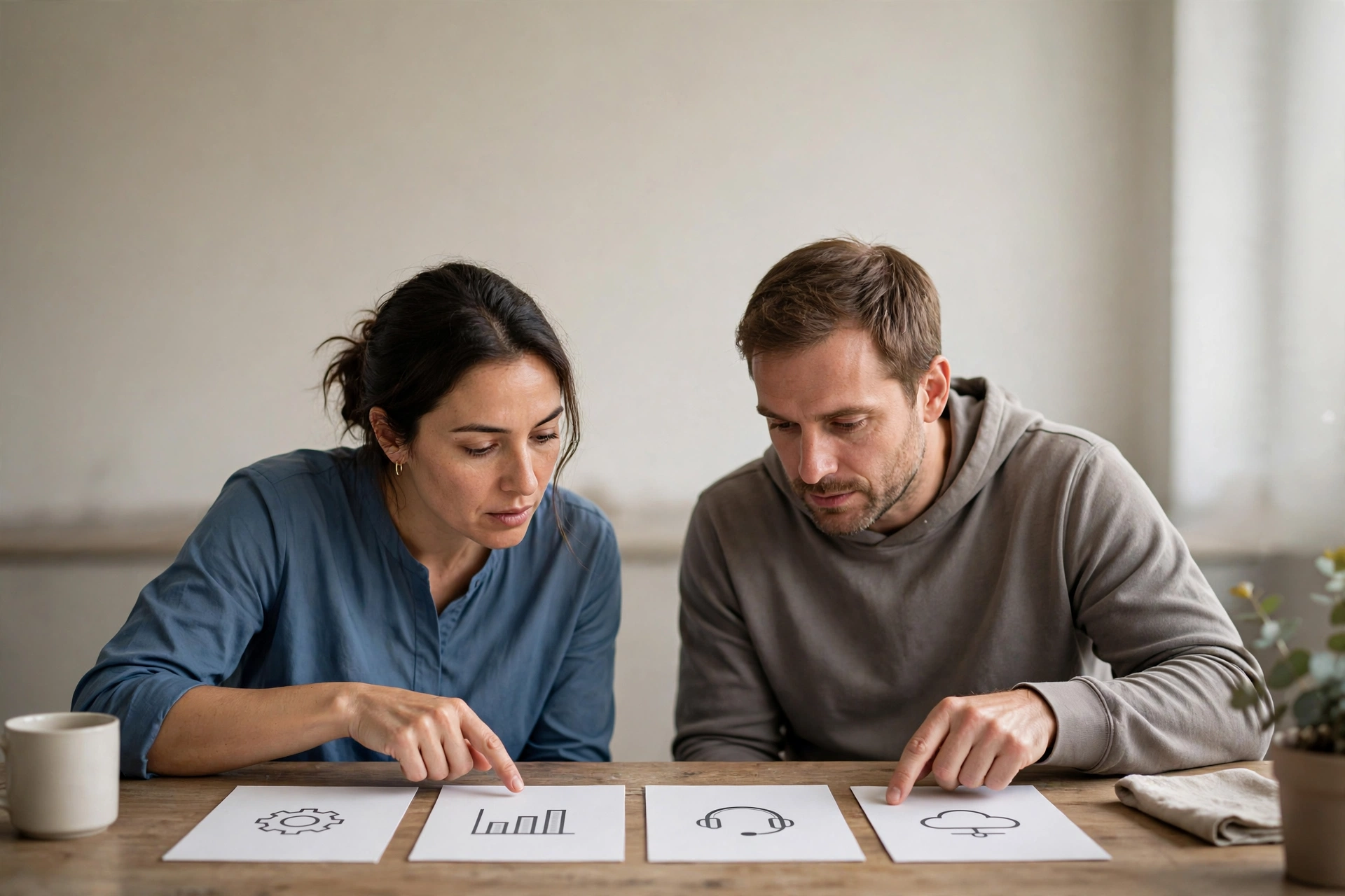 Duas pessoas comparam cartões de trilhas de IA em uma mesa de escritório.
