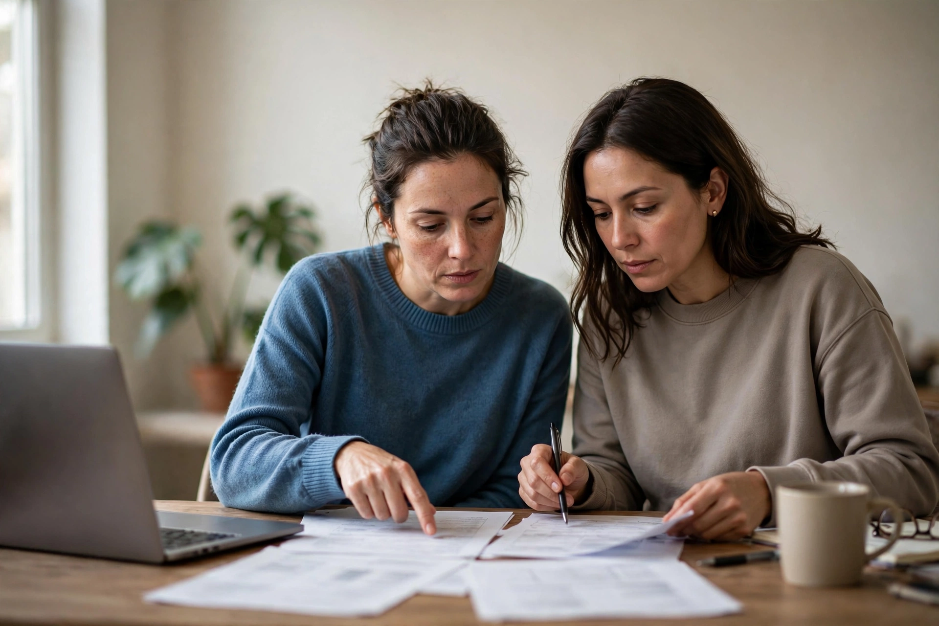Duas pessoas comparam opções de atendimento de saúde no computador e em documentos.