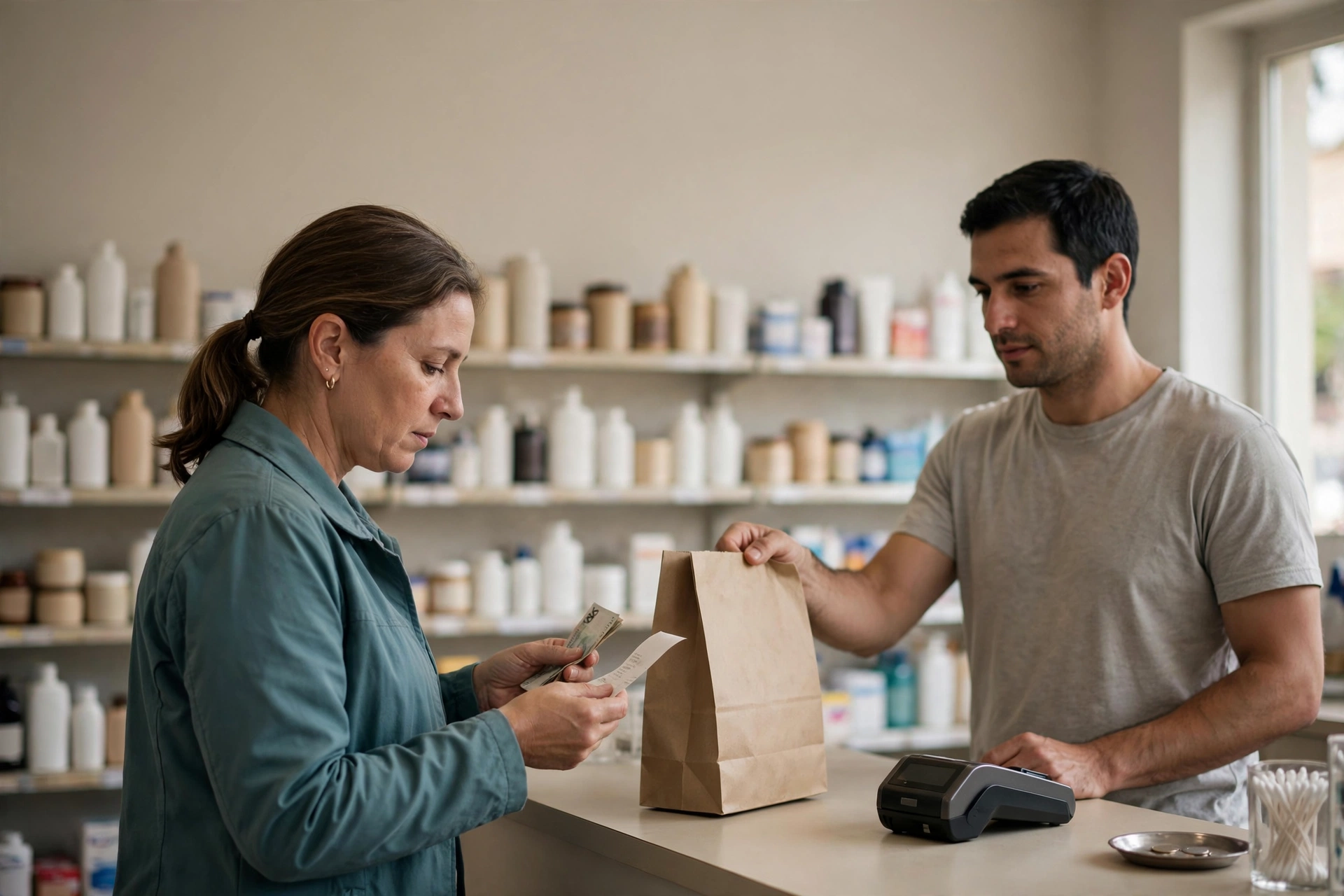 Cliente paga medicamentos no caixa de uma farmácia de bairro.