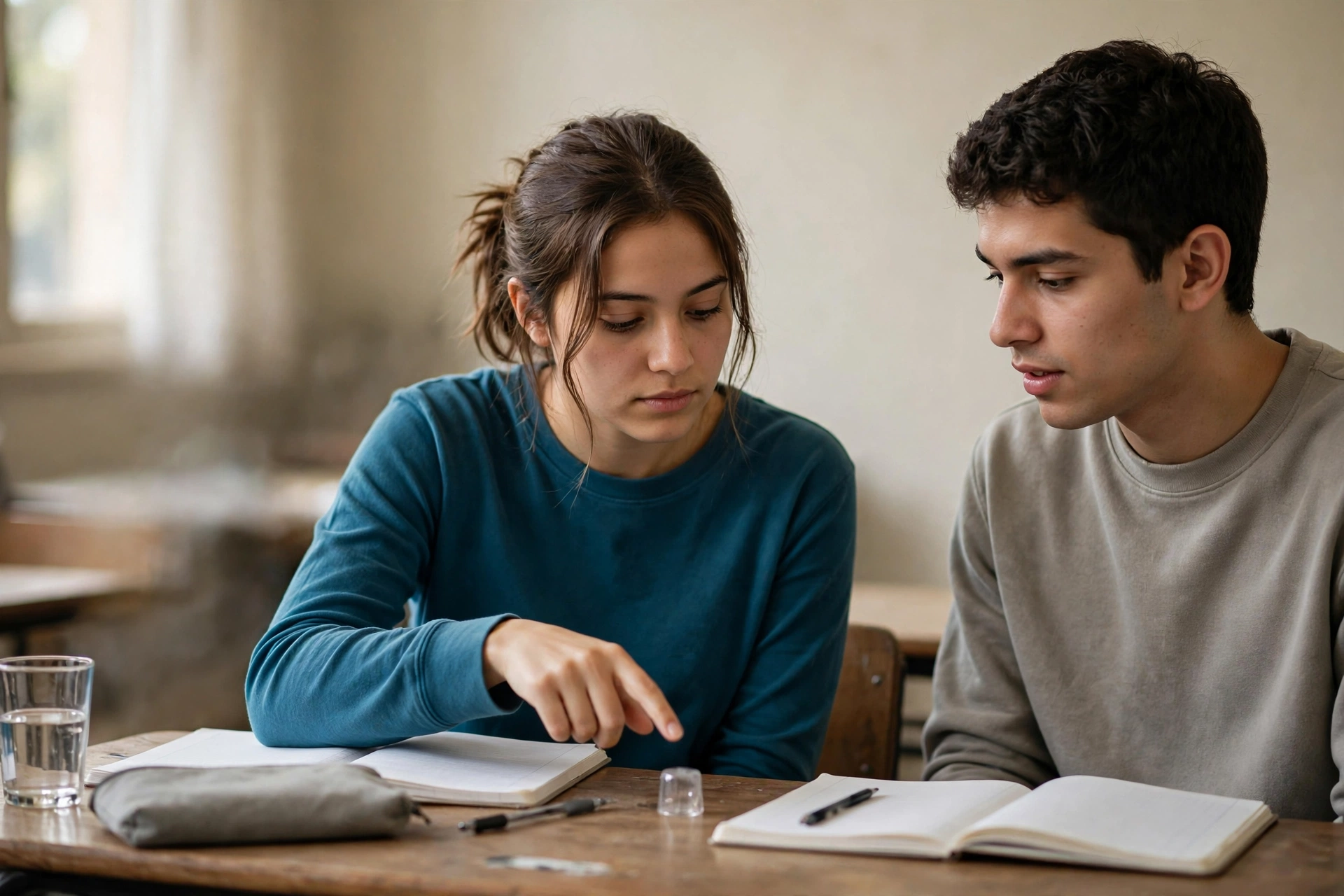Dois alunos praticam oralmente frases em inglês durante uma aula.