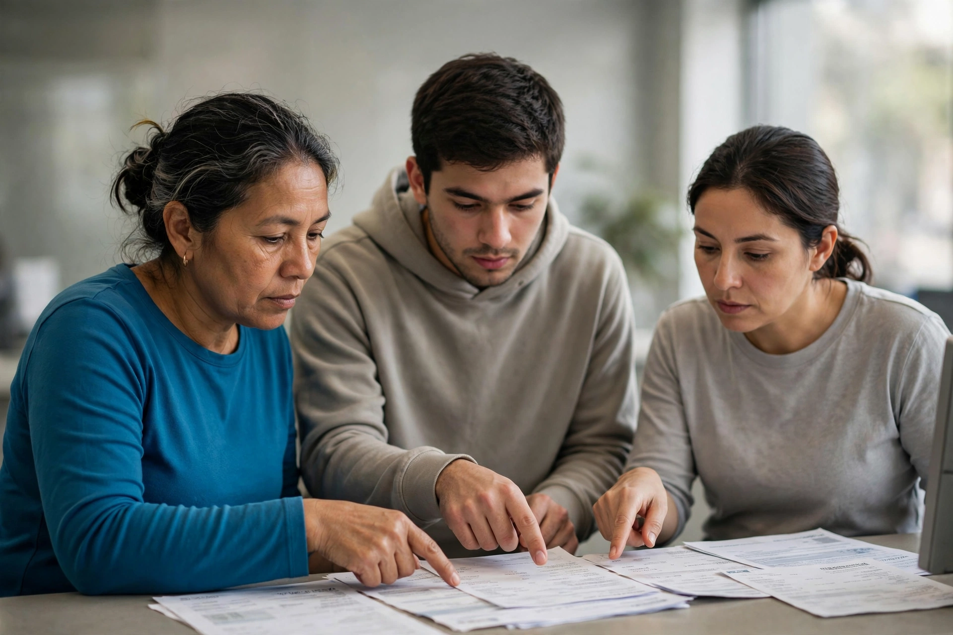 Estudante e familiar conferem comprovantes financeiros em uma agência bancária.