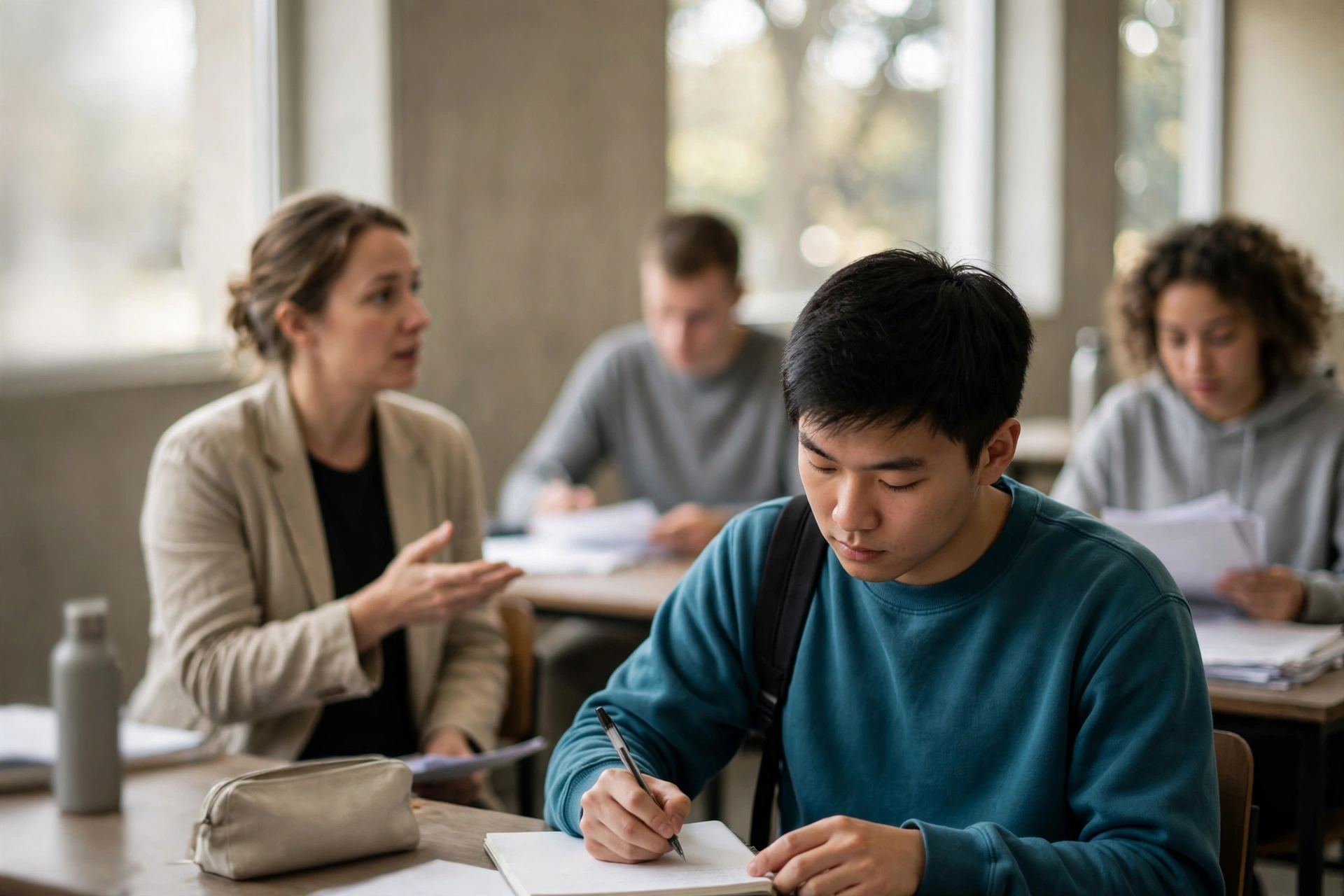 Estudante internacional assiste a uma aula em uma universidade e toma notas.